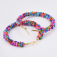 304 Stainless Steel Hoop Earrings, Beaded Hoop Earrings, with Glass Seed Beads, Golden, Colorful, 66x70x8mm, Pin: 0.7x1mm(EJEW-JE03685-03)