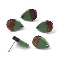 Resin & Walnut Wood Stud Earring Findings, with 304 Stainless Steel Pin, Teardrop, Sea Green, 17x11mm, Hole: 1.8mm, Pin: 0.7mm(MAK-N032-002A-B03)