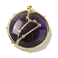 Constellation Natural Amethyst Pendants, Brass Flat Round Charms, Golden, Leo, 32x30x9mm, Hole: 2mm(G-A300-E07)