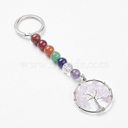 Gemstone and Natural Quartz Crystal Chakra Keychain, with Alloy Key Rings and Brass Pendants, Ring with Tree of Life, Platinum, 123mm(KEYC-P037-A01)