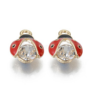 Alloy Rhinestones Enamel Pendants, Cadmium Free & Lead Free, Ladybug, Light Gold, Red, 15x11.5x7mm, Hole: 2mm(ENAM-T009-53B-RS)