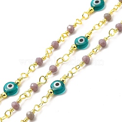 Handmade Evil Eye Glass Link Chains, with Brass Links, Soldered, with Spool, Flat Round & Round, Cadmium Free & Lead Free, Real 18K Gold Plated, Flat Round: 6x4mm, Round: 3.5x3mm(CHC-I045-27G)