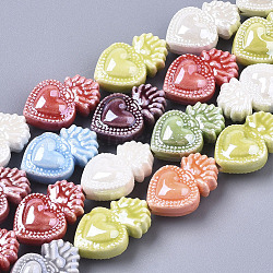 Handmade Porcelain Beads, Bright Glazed Porcelain Style, Heart, Mixed Color, 16x10.5x6.5mm, Hole: 1.2mm(X-PORC-T005-005)