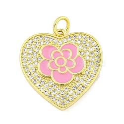 Rack Plating Heart with Flower Brass Micro Pave Clear Cubic Zirconia, with Enamel Pendants, Cadmium Free & Lead Free, Real 18K Gold Plated, Long-Lasting Plated, with Jump Ring, Hot Pink, 20.3x19.7x2.3mm, Hole: 3.5mm(KK-Z053-23G-02)