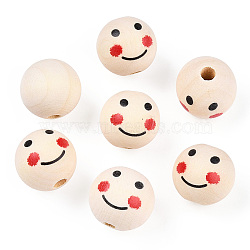 Unfinished Natural Wood Beads, Wooden Smiling Face Print Round Beads, Large Hole Beads, PapayaWhip, 23~25x22.5~23mm, Hole: 5.5~6.5mm(WOOD-N016-25mm-01)