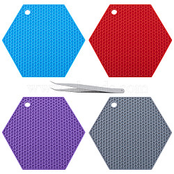 4Pcs 4 Colors Honeycomb Pattern Silicone Hot Pads, for Hot Dishes, Heat Resistant Heat Insulation Pad, Kitchen Tool with 1Pc Iron Beading Tweezers, Mixed Color, 180x155x6mm, Hole: 11mm(AJEW-GF0008-33B)