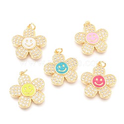 Brass Micro Pave Clear Cubic Zirconia Pendants, with Enamel and Jump Rings, Long-Lasting Plated, Flower with Smiling Face, Real 18K Gold Plated, Mixed Color, 24x22x3mm, Hole: 3mm(KK-I683-05)