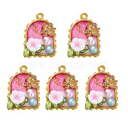 Alloy Enamel Pendants, with Imitation Pearls, Arch with Flower Charm, Golden, Salmon, 29x23x8mm, Hole: 1.8mm, 5pcs(FIND-SZ0019-25C)