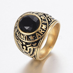 Ion Plating(IP) 304 Stainless Steel Finger Rings, with Glass Rhinestone, Wide Band Rings, Antique Golden, Black, Size 8~13,18~23mm(RJEW-H125-78AG-D)