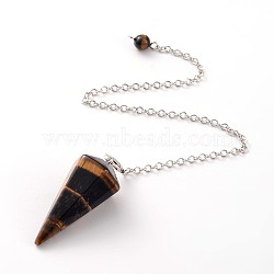 Platinum Tone Brass Tiger Eye Cone Hexagonal Pointed Dowsing Pendulums, with Lobster Claw Clasps, 230x3mm(X-MAK-M015-01D)