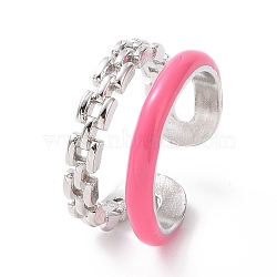 Enamel Double Line Open Cuff Ring, Platinum Plated Brass Jewelry for Women, Deep Pink, US Size 6(16.5mm)(RJEW-E051-01P-01)
