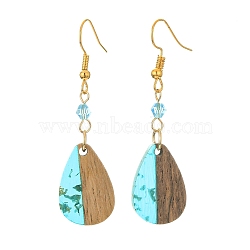 Resin & Walnut Wood Teardrop Dangle Earrings, Glass Beaded Long Drop Earrings with Iron Pins, Deep Sky Blue, 54x14.5mm(EJEW-JE05445-03)