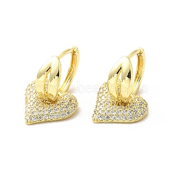 Valentine's Day Heart & Leaf Clear Cubic Zirconia Dangle Hoop Earrings, Brass Jewelry for Women, Real 18K Gold Plated, 24mm, Pin: 0.8mm(EJEW-G327-06G)