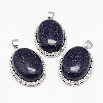 Blue Goldstone Pendants, with Brass Findings, Oval, Platinum, 30x21x10~11mm, Hole: 6x4mm