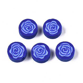 Handmade Polymer Clay Beads, for DIY Jewelry Crafts Supplies, Flat Round with Flower, Medium Blue, 9.5x3.5~5mm, Hole: 1.8mm