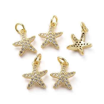 Brass Micro Pave Cubic Zirconia Pendants, for DIY Jewelry Making, with Jump Rings, Starfish/Sea Stars, Clear, Golden, 11.5x10x3mm, Hole: 2mm