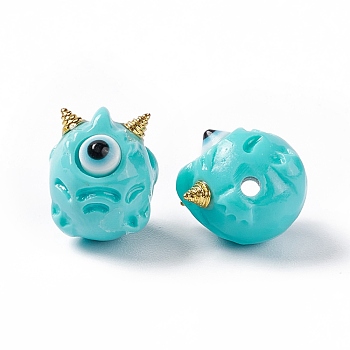 Halloween Opaque Resin Beads, with Golden Tone Alloy Horns, Single-Eye Monster, Cyan, 13x10.5x12mm, Hole: 1.8mm