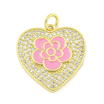 Rack Plating Heart with Flower Brass Micro Pave Clear Cubic Zirconia, with Enamel Pendants, Cadmium Free & Lead Free, Real 18K Gold Plated, Long-Lasting Plated, with Jump Ring, Hot Pink, 20.3x19.7x2.3mm, Hole: 3.5mm