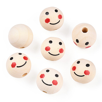 Unfinished Natural Wood Beads, Wooden Smiling Face Print Round Beads, Large Hole Beads, PapayaWhip, 23~25x22.5~23mm, Hole: 5.5~6.5mm