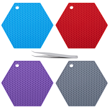 4Pcs 4 Colors Honeycomb Pattern Silicone Hot Pads, for Hot Dishes, Heat Resistant Heat Insulation Pad, Kitchen Tool with 1Pc Iron Beading Tweezers, Mixed Color, 180x155x6mm, Hole: 11mm