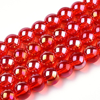 Electroplate Transparent Glass Beads Strands, AB Color Plated, Round, Red, 6~6.5mm, Hole: 1.4mm, about 67~70pcs/strand, 14.76 inch~15.16 inch(37.5~38.5cm)