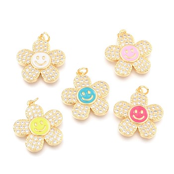 Brass Micro Pave Clear Cubic Zirconia Pendants, with Enamel and Jump Rings, Long-Lasting Plated, Flower with Smiling Face, Real 18K Gold Plated, Mixed Color, 24x22x3mm, Hole: 3mm