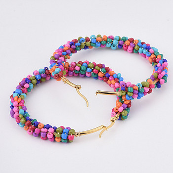 304 Stainless Steel Hoop Earrings, Beaded Hoop Earrings, with Glass Seed Beads, Golden, Colorful, 66x70x8mm, Pin: 0.7x1mm