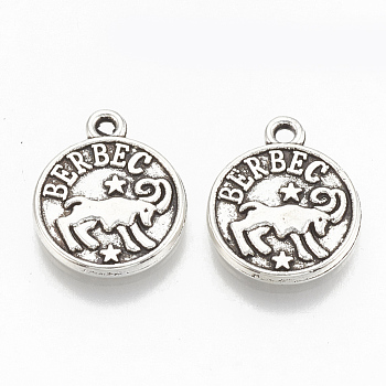 Tibetan Style Alloy Charms, Flat Round with Constellation, Cadmium Free & Lead Free,, Aries, 14.5x12x2mm, Hole: 1.4mm, about 920pcs/1000g