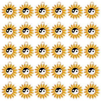60Pcs Alloy Enamel Pendants, Light Gold, Sunflower with Yin Yang, Goldenrod, 17x15x1.5mm, Hole: 1.6mm