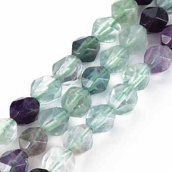 Natural Fluorite Beads Strands, Star Cut Round Beads, Faceted, 8~10x7~8mm, Hole: 1mm, about 49~50pcs/strand, 14.57~14.96 inch(37~38cm)