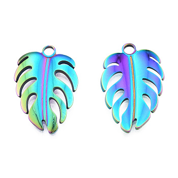 Ion Plating(IP) 201 Stainless Steel Pendants, Monstera Leaf, Rainbow Color, 26.5x18x2mm, Hole: 2.5mm