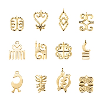 12Pcs 12 Style Brass Pendants, Long-Lasting Plated, Adinkra Symbols, Real 18K Gold Plated, 1pc/style