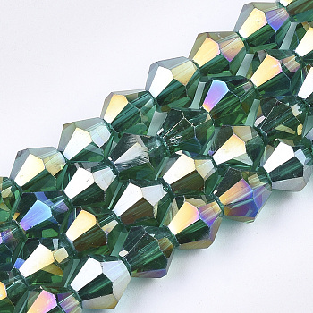 Electroplate Glass Beads Strands, AB Color Plated, Faceted, Bicone, Light Sea Green, 6x5.5~6mm, Hole: 1mm, about 47~48pcs/strand, 10.83 inch(27.5cm)