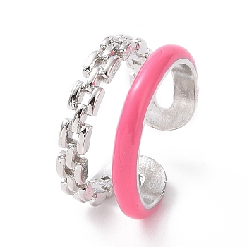 Enamel Double Line Open Cuff Ring, Platinum Plated Brass Jewelry for Women, Deep Pink, US Size 6(16.5mm)