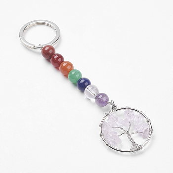 Gemstone and Natural Quartz Crystal Chakra Keychain, with Alloy Key Rings and Brass Pendants, Ring with Tree of Life, Platinum, 123mm