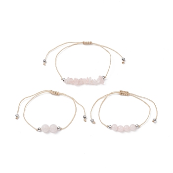 3Pcs 3 Style Natural Rose Quartz Braided Bead Bracelets Set, Nylon Thread Adjustable Bracelets for Women, Inner Diameter: 3-3/8 inch(8.5cm), 1Pc/style