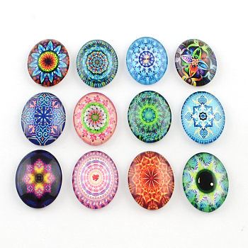 Kaleidoscope Flower Pattern Glass Oval Flatback Cabochons for DIY Projects, Mixed Color, 40x30x8mm