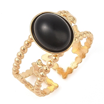 Oval Natural Black Agate Finger Rings, Ion Plating(IP) 304 Stainless Steel Cuff Rings for Women, Soldered, Real 14K Gold Plated, Oval: 11.5x9.5mm, Adjustable