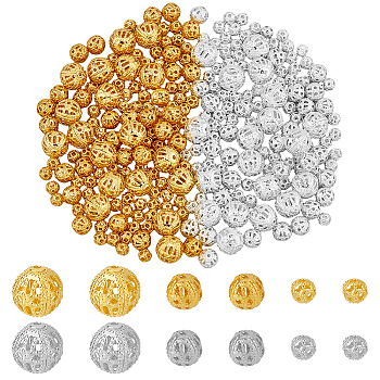 200Pcs 6 Style Brass Beads, Hollow, Round, Mixed Color, 4~8.5mm, Hole: 1mm