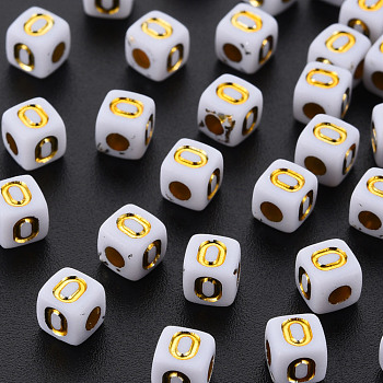 Opaque White Acrylic Beads, Metal Enlaced, Cube with Letters, Letter.O, 4.5mm, Hole: 2mm, about 5000pcs/500g
