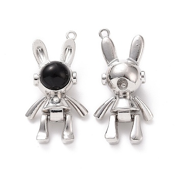 Alloy Pendants, Rabbit Charms with Black Resin, Platinum, 47x21.5x16.5mm, Hole: 2mm
