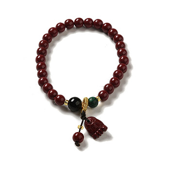 6mm Round Cinnabar Mala Stretch Bracelets, with Synthetic Malachite and Natural Agate, Foot, Inner Diameter: 2 inch(4.95~5.1cm)