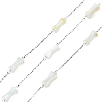 Natural Shell Pearl Beads,Dyed with 304 Stainless Steel Chains, Soldered, with Spool, WhiteSmoke, 8x4mm