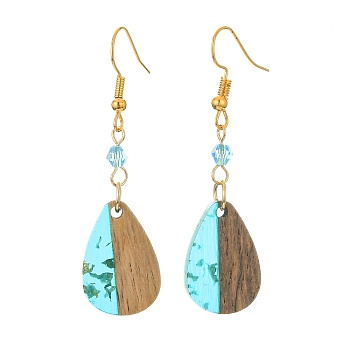 Resin & Walnut Wood Teardrop Dangle Earrings, Glass Beaded Long Drop Earrings with Iron Pins, Deep Sky Blue, 54x14.5mm