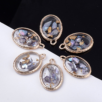 Resin Pendants, with Gold Foil, Shell and Brass Findings, Oval, Light Gold, Slate Blue, 23x15x3mm, Hole: 1.4~1.8mm