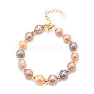 Natural Pearl Beaded Bracelets, Real 18K Gold Plated, with Brass Beads, Long-Lasting Plated, Colorful, 6-3/4 inch(17.2cm)(BJEW-D447-09G-01)