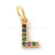 Brass Micro Pave Colorful Cubic Zirconia Charms, Golden, Letter.L, 8.5x5x2mm, Hole: 3mm(ZIRC-F092-01-L)