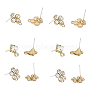24Pcs 3 Style Alloy Stud Earring Findings, with Crystal Rhinestones and Horizontal Loops, Flat Round & Flower, Golden, 11.5~13x8.5~11mm, Hole: 1.4~1.8mm, Pin: 0.7mm, 8Pcs/style(FIND-FH0006-52)