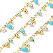 Handmade Brass Curb Chains, with Glass Charms, Real 18K Gold Plated, Soldered, with Spool, Cyan, 3mm(CHC-K014-09G-02)
