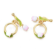 Brass Enamel Toggle Clasps, with Jump Rings, Real 18K Gold Plated, Nickel Free, Flower, Pearl Pink, 24.5mm, Flower: 20x5x2mm, hole: 1.8mm, Ring: 17.5x12x3.5mm, hole: 1.8mm(X1-KK-N231-282)